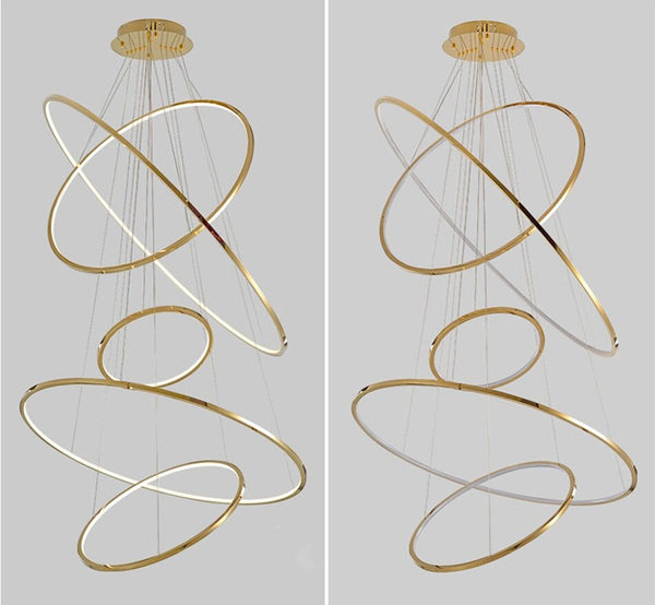 Lights of Scandinavia - Vienna - Simple yet elegant pendant light/chandelier. Modern minimalistic design, 1.5mm stainless steel with a vacuum plated gold surface and polymer silicone lampshade. Long-life LED chip. Adjustable hanging length. For high ceilings, we can customize suspension wires according to your request. Suitable for: Lobbies, bedrooms, living rooms, dining rooms, staircases, etc.